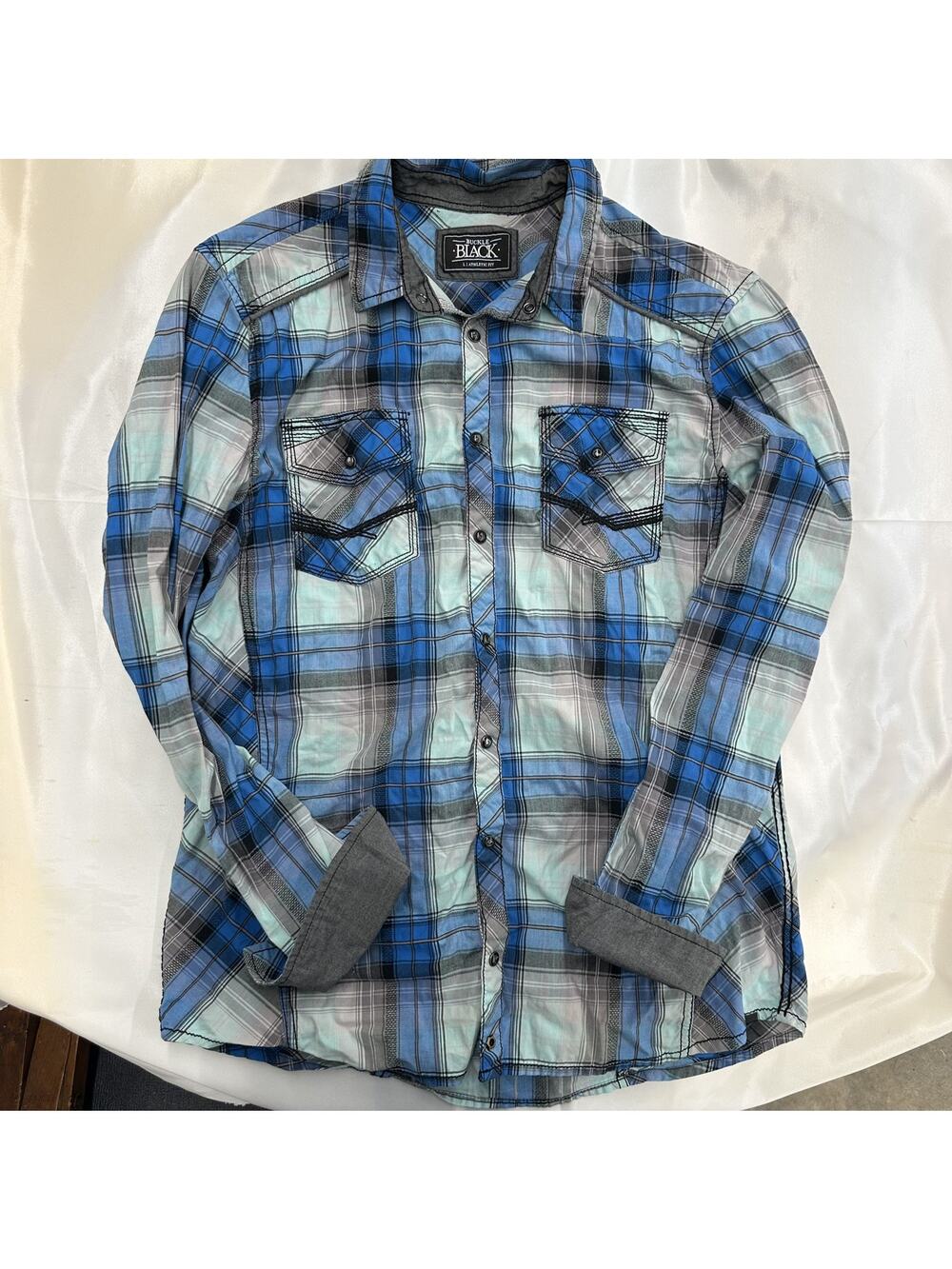 BKE Black Men's Western Style Long Sleeve Blue Plaid Button Up Shirt Size L